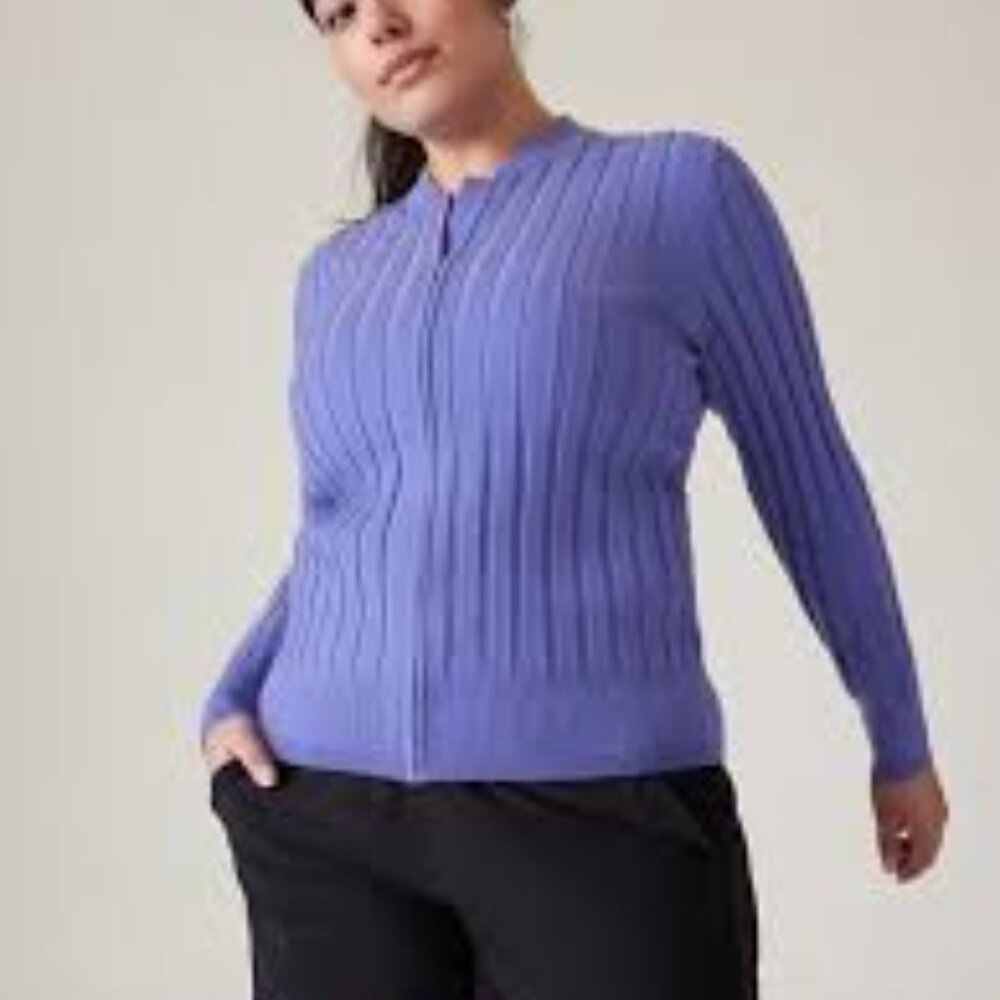 Athleta Fairway Sweater Full Zip Cardigan SZ XL Adonis Blue Stretch Golf NWOT